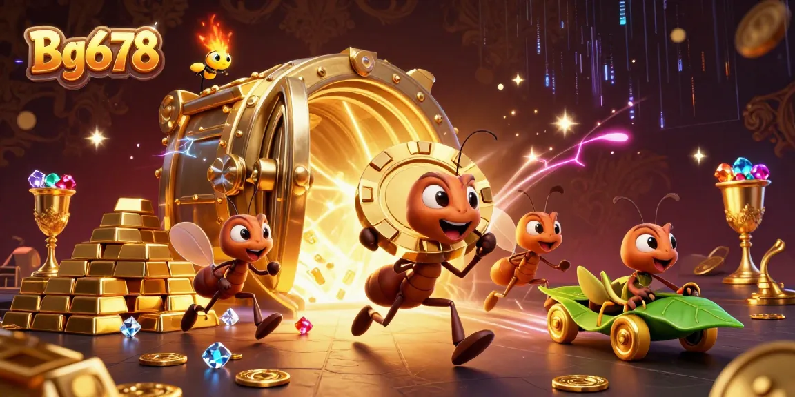 Engage in thrilling gambling action with Bg678, featuring animated ants and glittering casino elements.