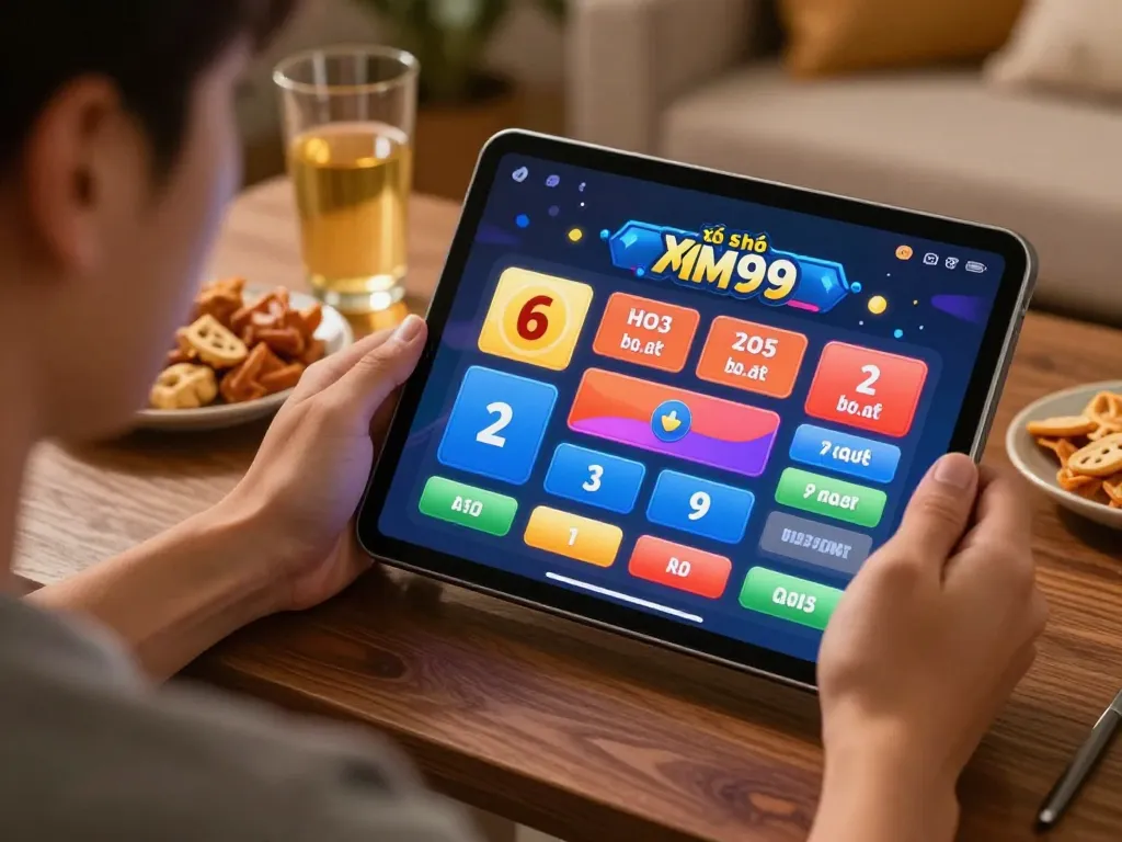 Xổ Số MM99 player interacting with lottery interface on a tablet in a cozy home setting.