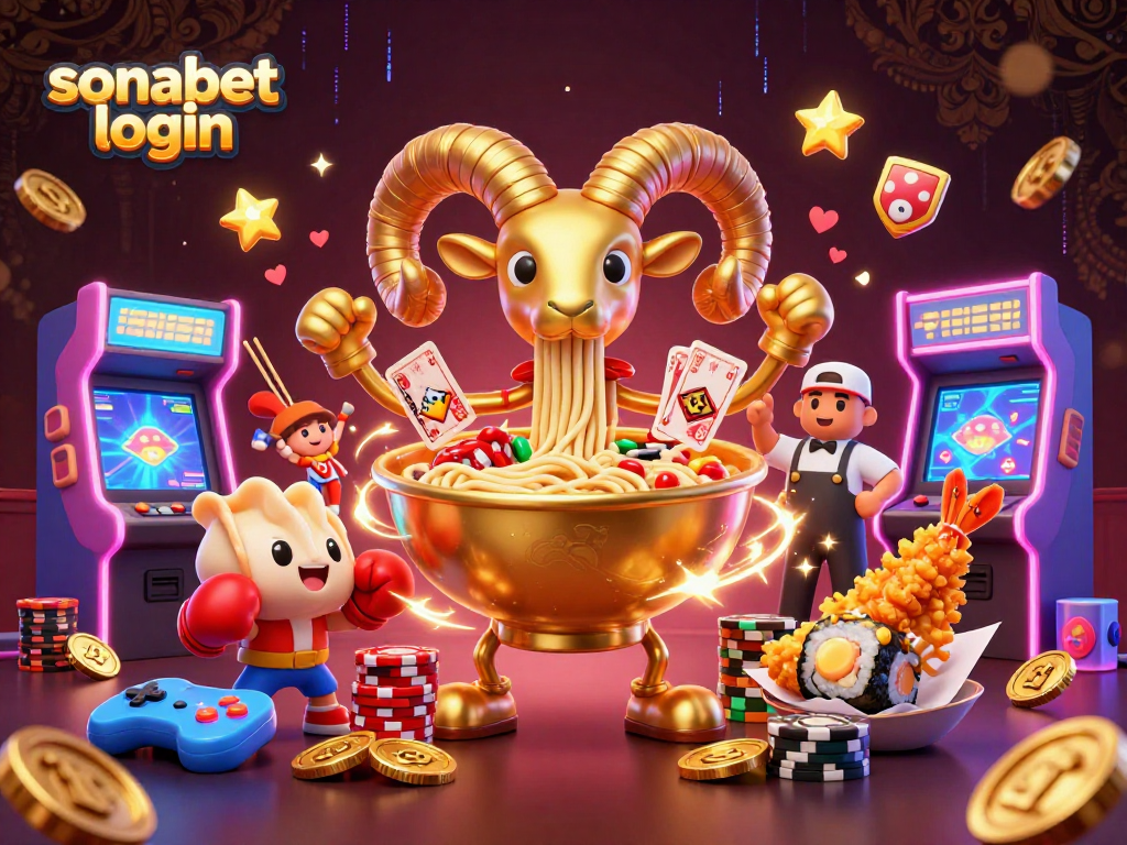 Engage in the sonabet login experience with a vibrant 3D casino scene featuring giant ramen and sushi characters.