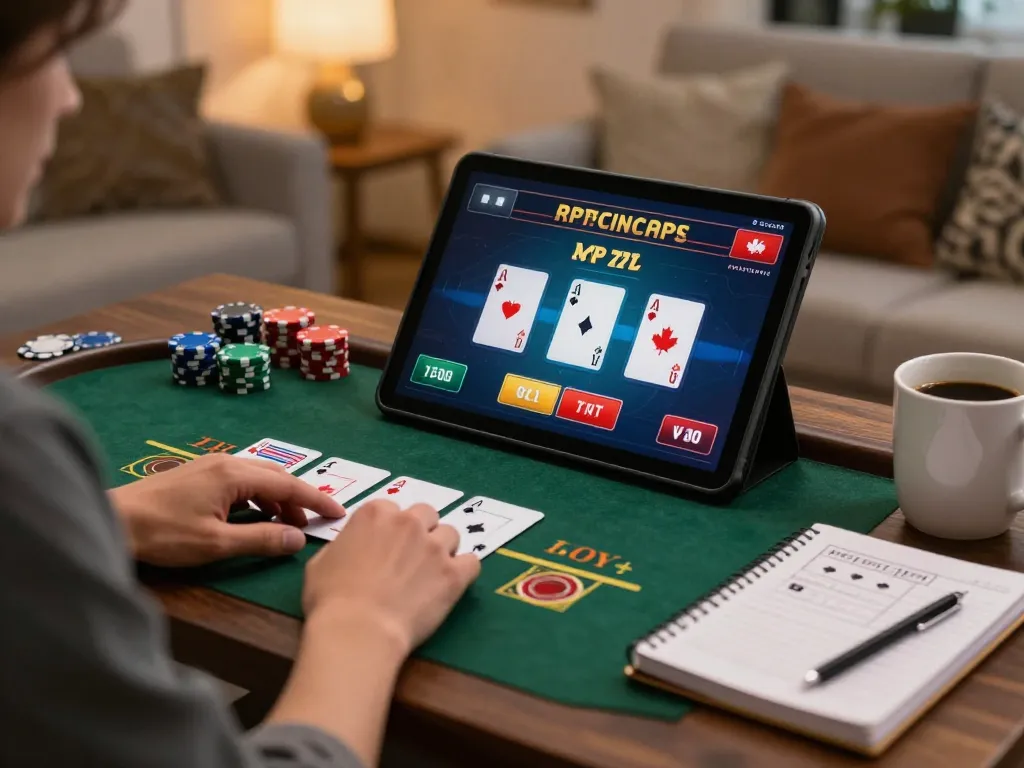 Engaging with online casinos in Canada through live dealer blackjack on a tablet in a cozy setting