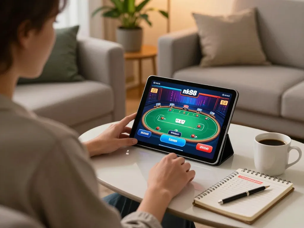 Engaging in nk88 bet strategy with vibrant poker game on tablet in a cozy home environment.