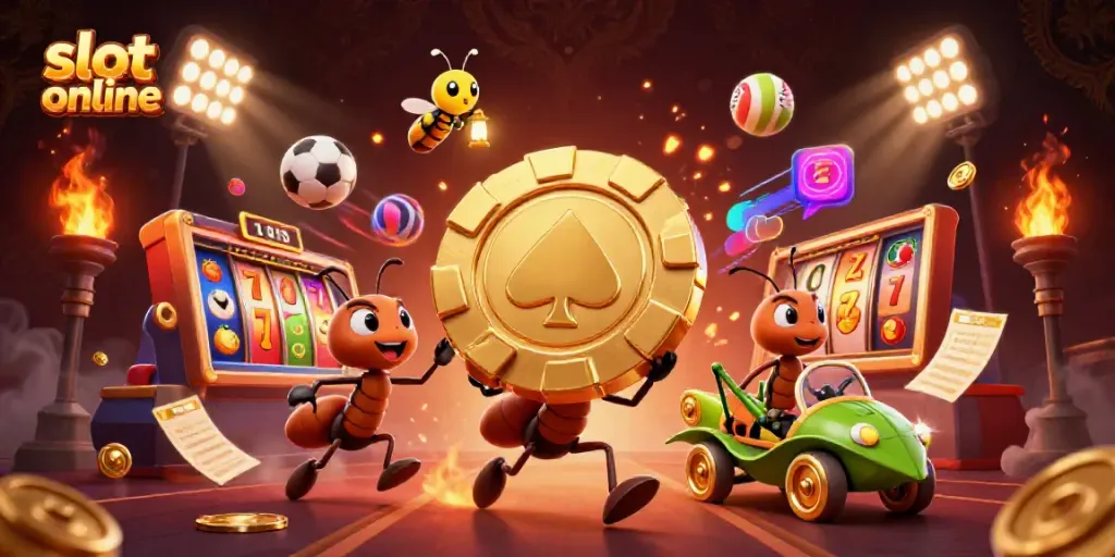 Ant tim 3D membawa chip poker emas di terowongan, menunjukkan slot online yang menarik.