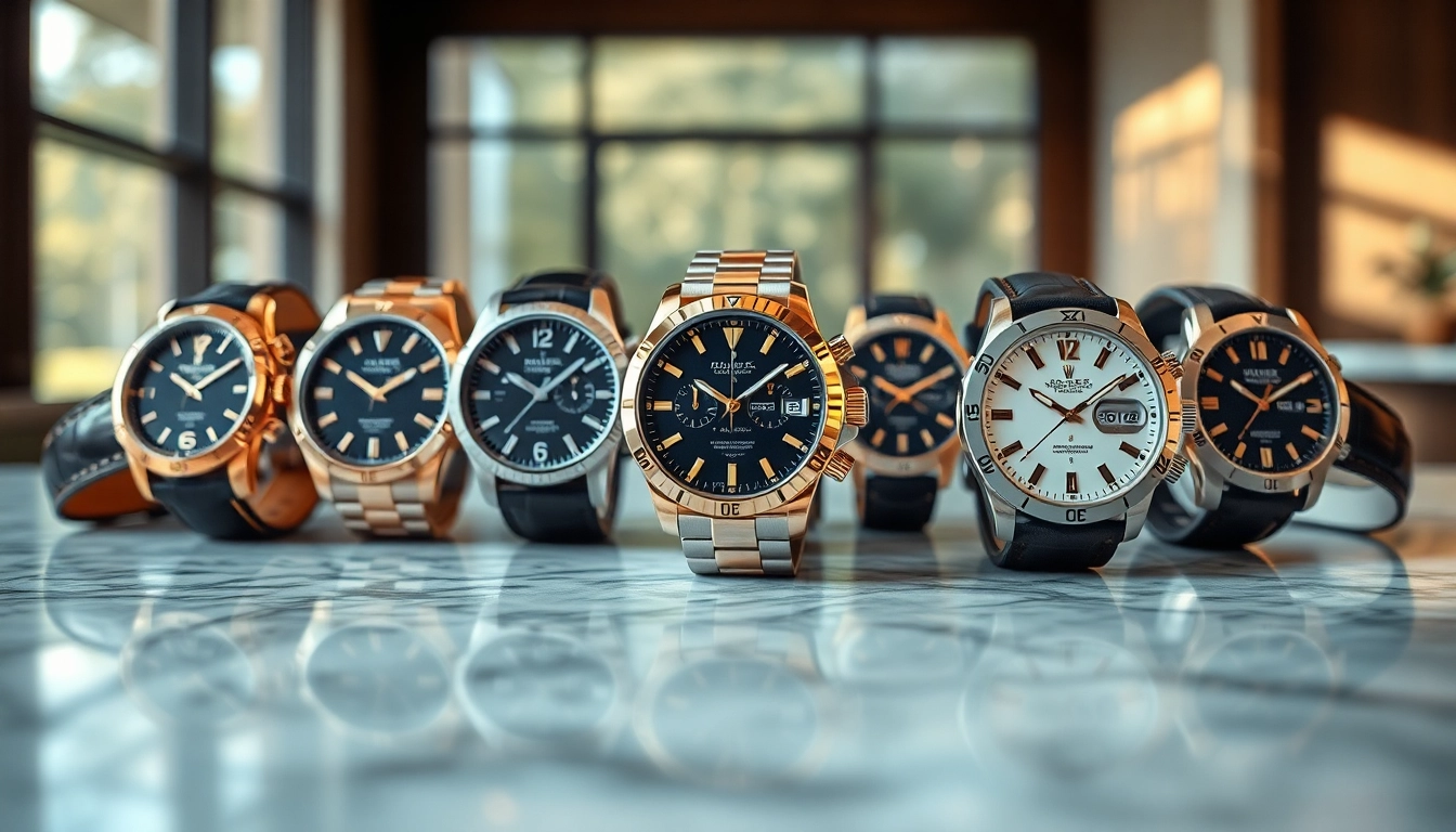 Showcase of exquisite replica watches on a marble countertop highlighting luxury and style.
