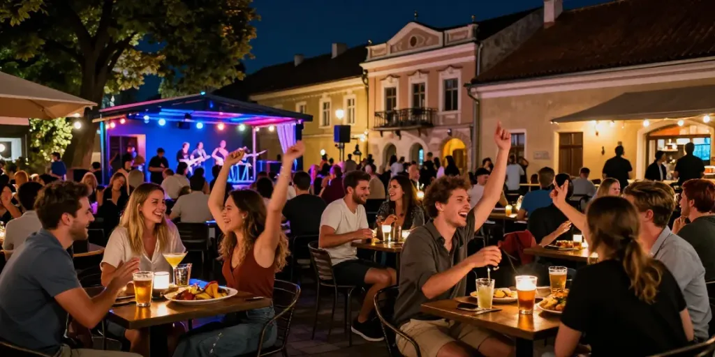 Experience vibrant nightlife at Kur pramogauti.lt in Vilnius with food, drinks, and music.