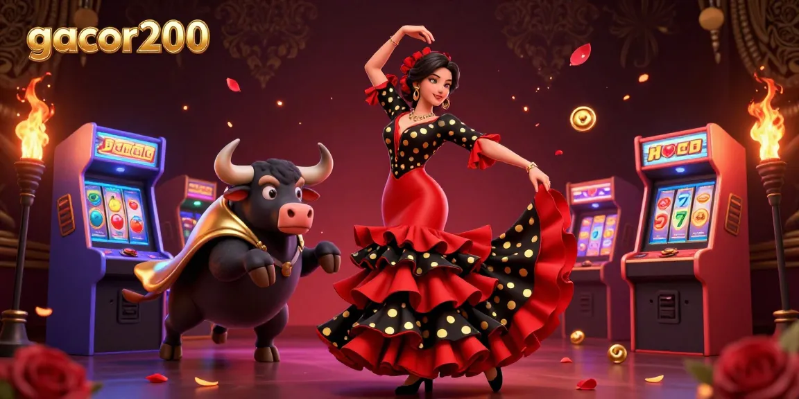 Engage with gacor200 through a vibrant 3D illustration featuring a flamenco dancer and a cartoon bull amidst casino elements.