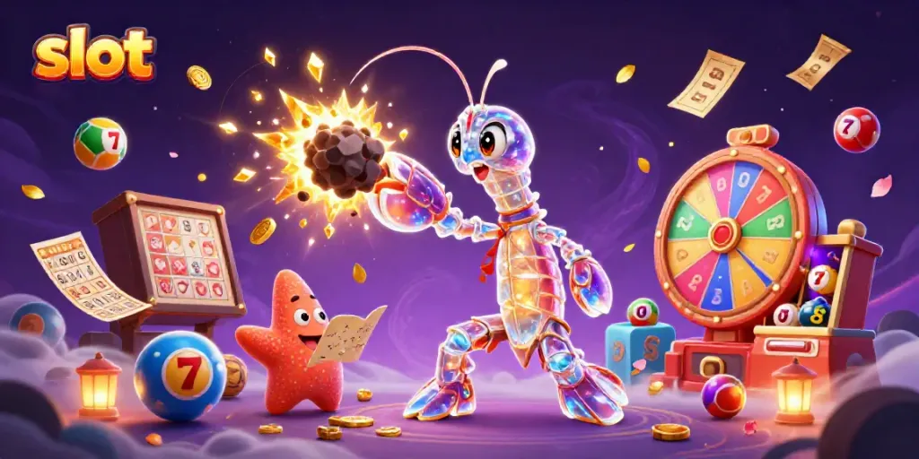 Slot yang menyenangkan dengan mantis udang samurai beraksi dan simbol permainan slot yang cerah