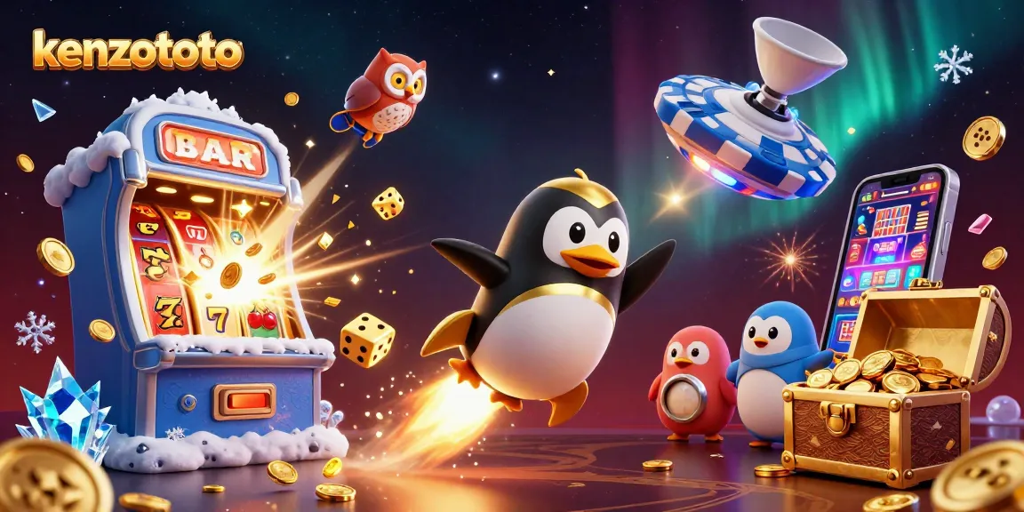 Kenzototo features a golden penguin soaring towards a casino chip station amidst vibrant slot game elements.