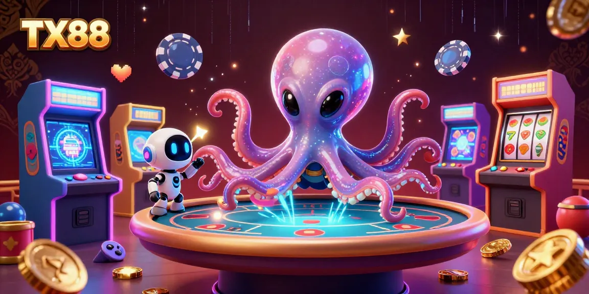 Experience thrilling gameplay at TX88 with a unique alien octopus dealer at a holographic casino table.