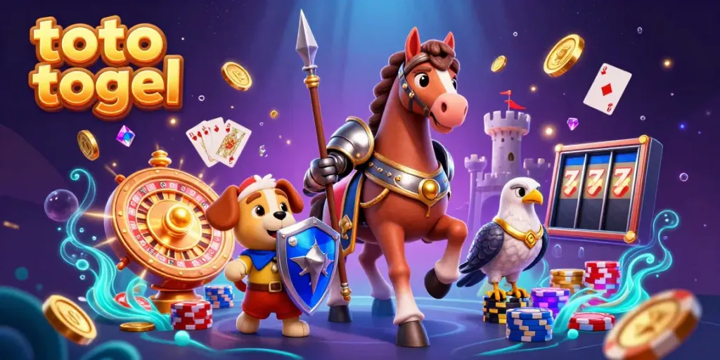 Experience the excitement of toto togel with a vibrant 3D illustration of knights, gold coins, and dazzling game elements.