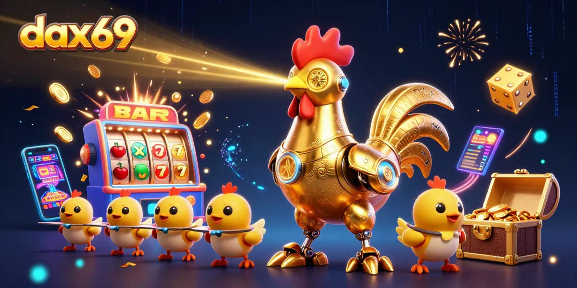 DAX69 memukau dengan grafik 3D mengesankan dari robot ayam emas terbang dan mesin slot jackpot yang berlimpah.
