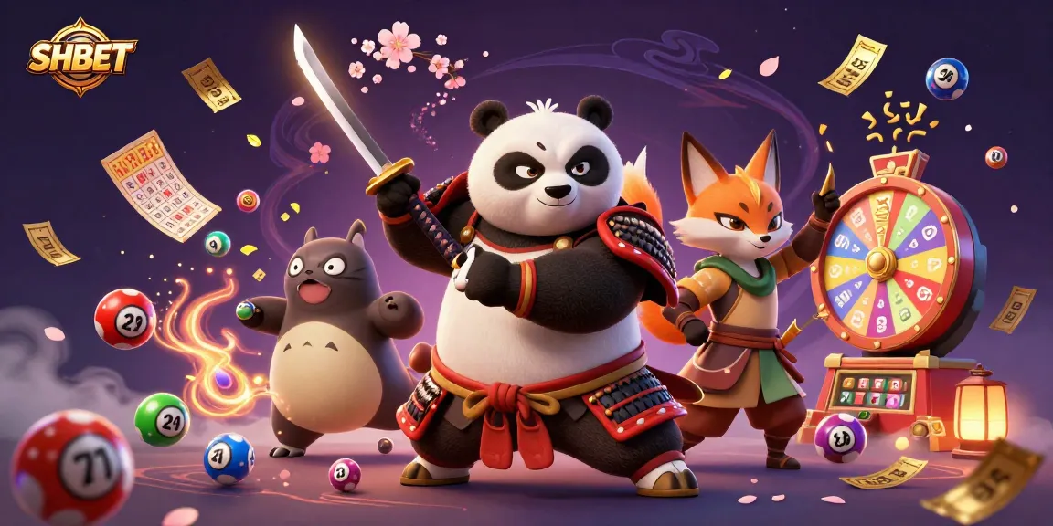 Experience the excitement of SHBET with samurai panda and ninja fox in a vibrant casino scene.
