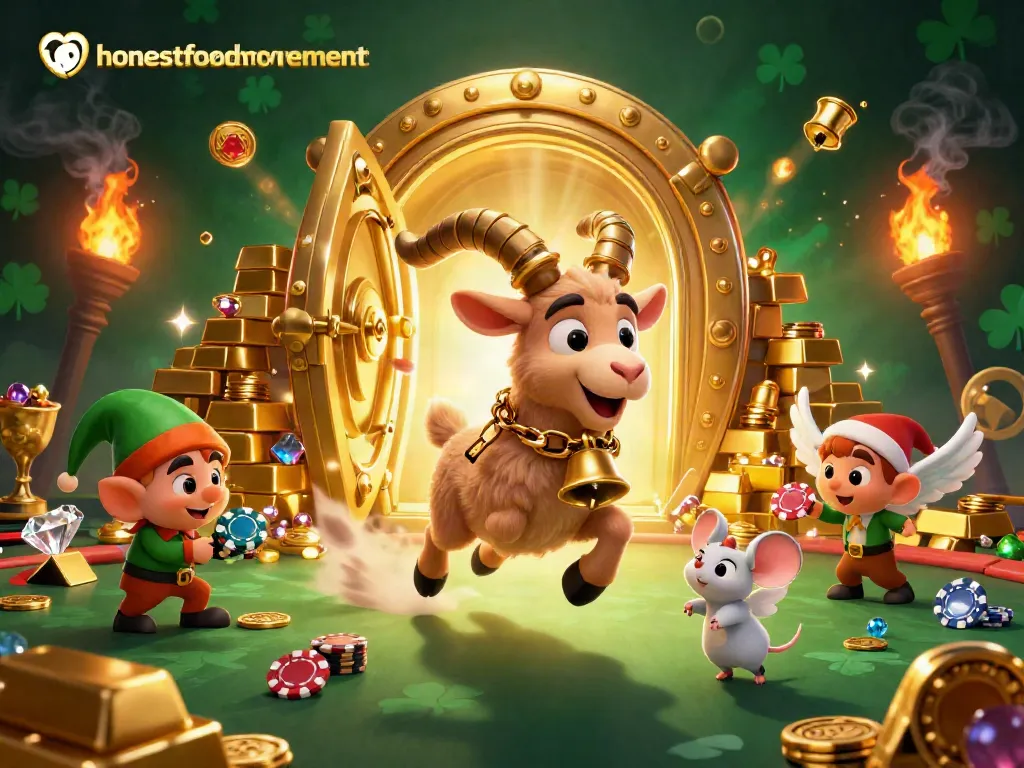 Experience the thrill of the honestfoodmovement casino with festive characters amidst gold and gems.