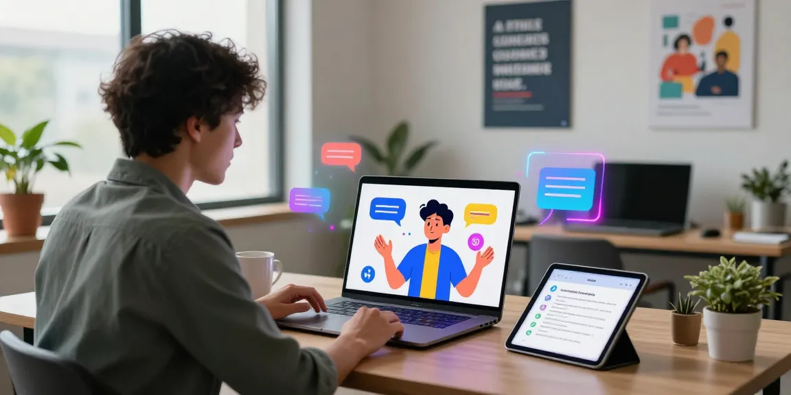 Dynamic interaction showcasing crushonai platform with user chatting with AI characters in a modern workspace.