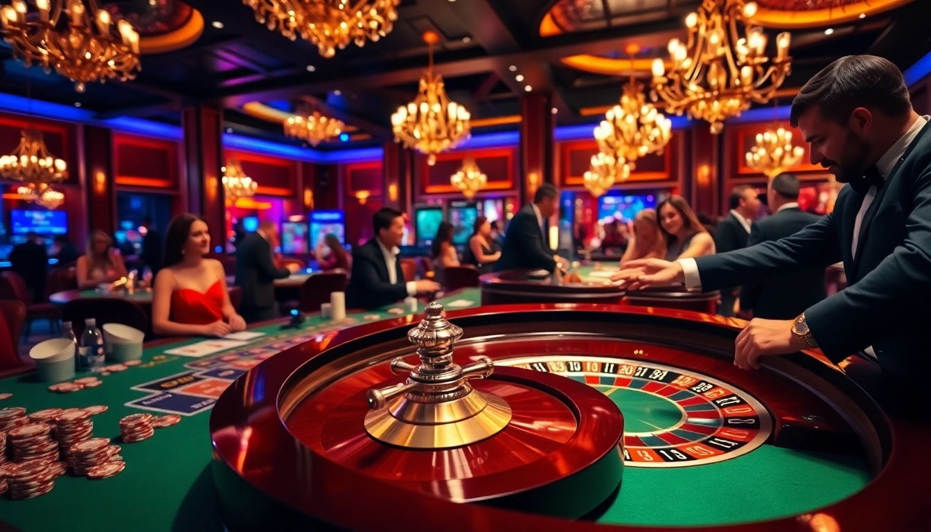 Engage in the thrill of Casino roulette with players placing bets and vibrant chips.