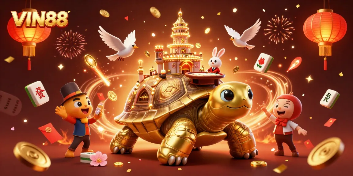 Experience thrilling games at VIN88, featuring a golden tortoise, rabbit dealer, and festive elements.