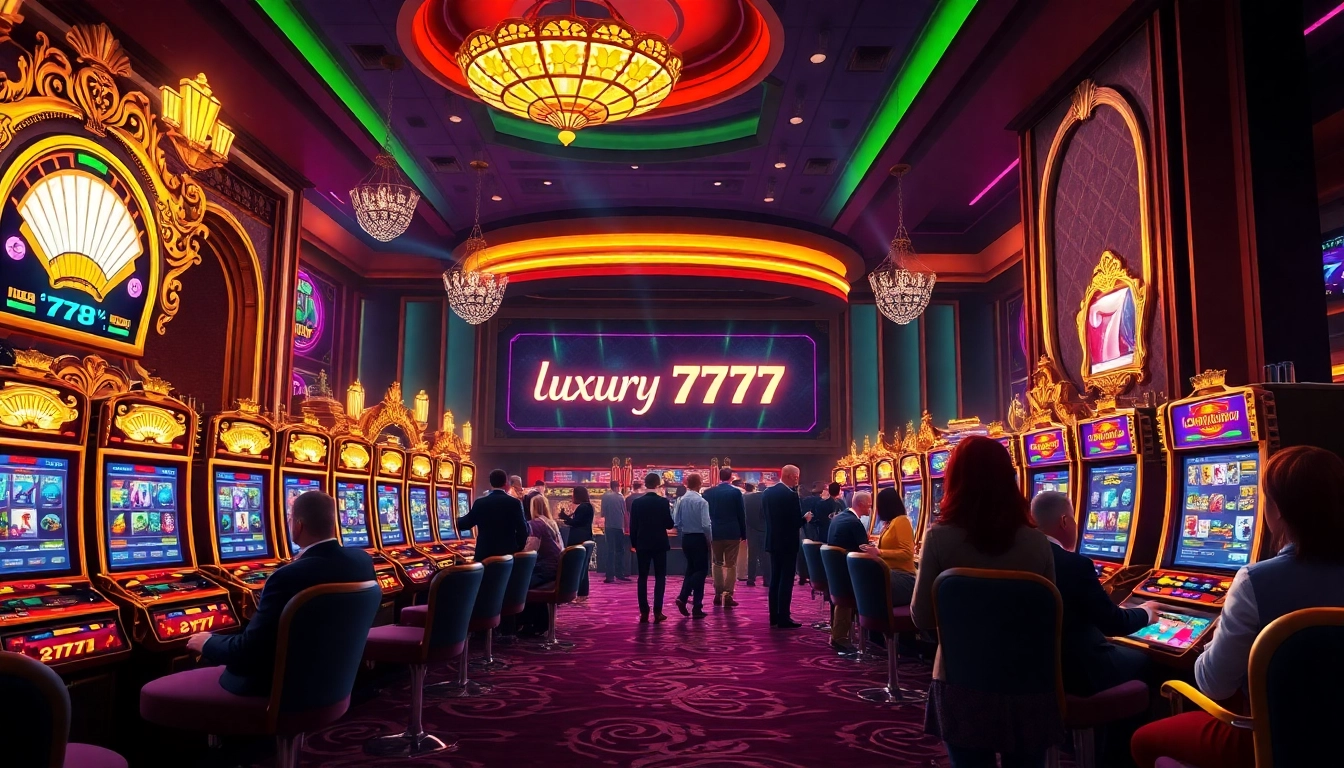 Rasakan kesenangan dalam permainan luxury777 game dengan suasana kasino mewah dan lampu neon berwarna.