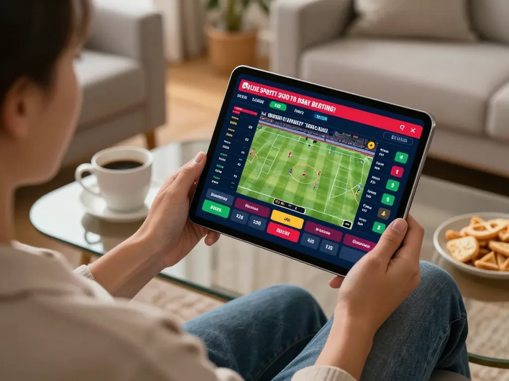 Engaging in strategic sports betting on 8KBET with a tablet in a cozy setting.