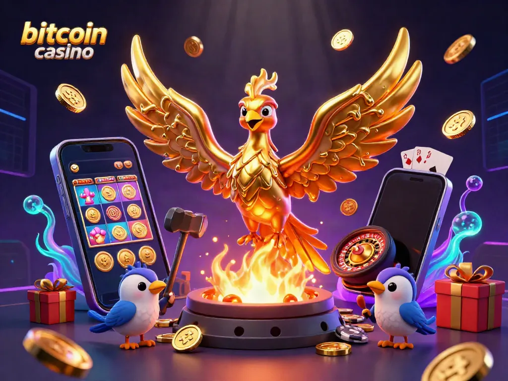 Experience the excitement of a vibrant bitcoin casino with a molten phoenix and gaming elements.
