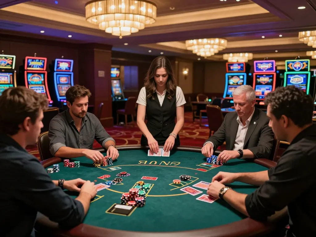 Gamblers at a blackjack table in a vibrant casino, reflecting the reliable choices of nhacaiuytin.