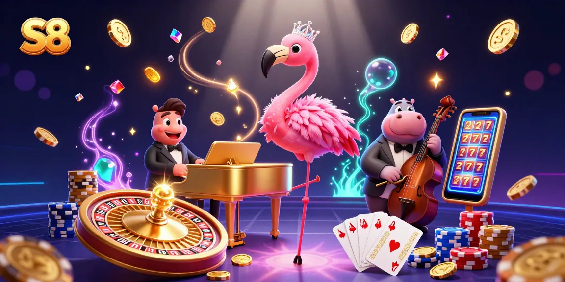 S8 engages players with vibrant casino action featuring coins, cards, and lively characters.