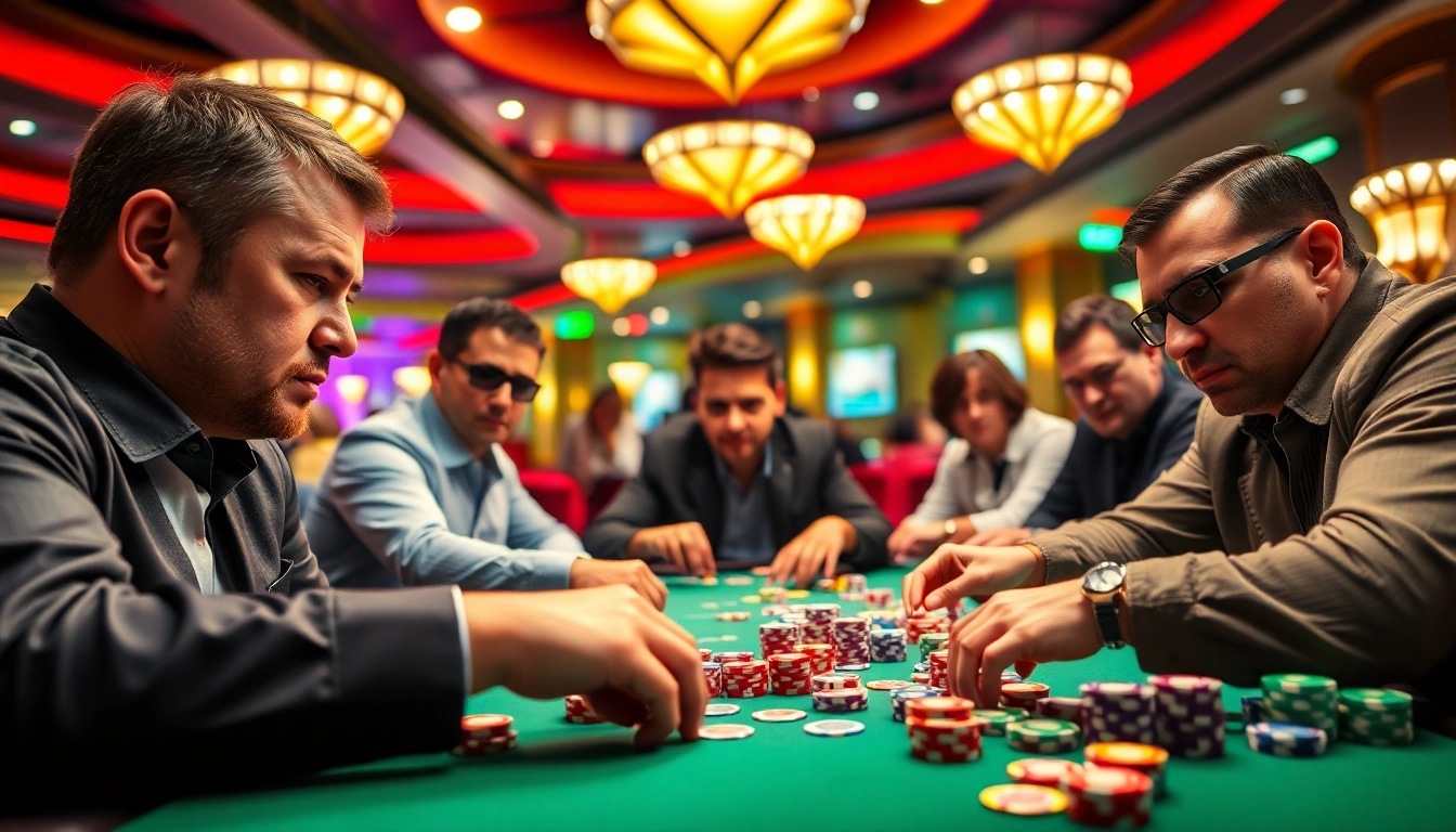 Engaging Poker Game scene with players at a casino table focusing on strategy and excitement.