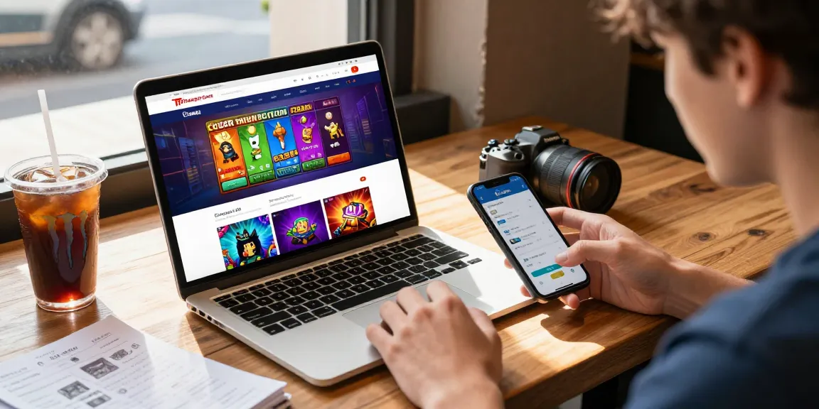 Tiranga Game Login setup at a coffee shop with a user accessing colorful gaming options online.