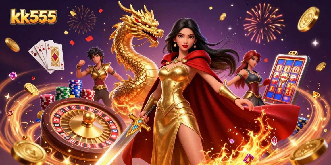 Experience the excitement of kk555 with vibrant slot reels and magical elements in 3D casino scene.