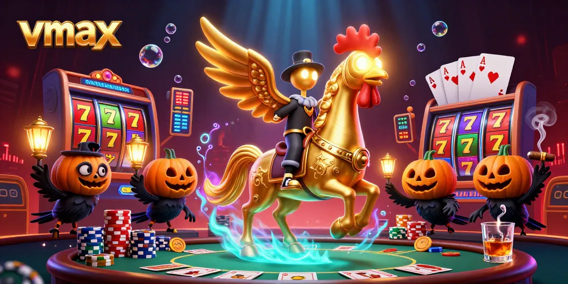 Engage with vmax in a vibrant casino scene filled with slots, poker, and enchanting characters.