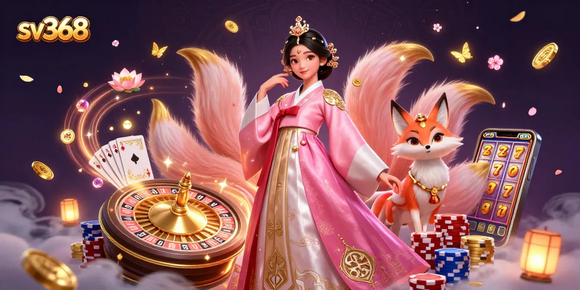 Experience the excitement of sv368 with a vibrant 3D illustration of casino elements and lucky symbols.