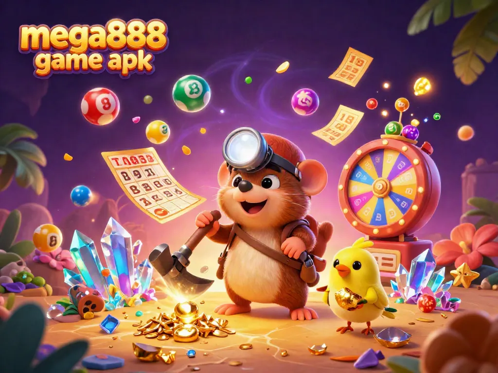 Win with the mega888 game apk through dynamic gaming illustrations featuring a treasure hunter and vibrant prizes.