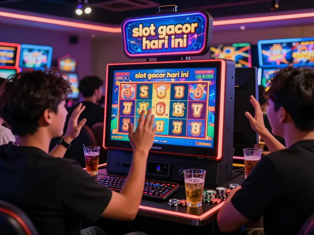 Pemain merayakan kemenangan di mesin slot yang menyoroti "slot gacor hari ini" dalam suasana permainan daring yang hidup.