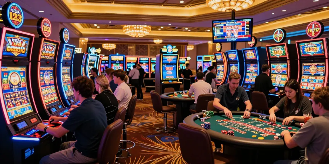 Pengunjung bermain mesin slot vegas123 di kasino yang meriah, suasana penuh kegembiraan dan kemewahan.