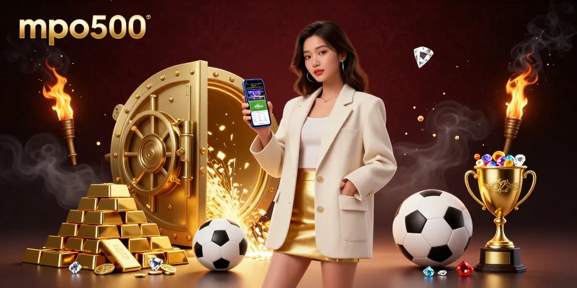 Experience the excitement of mpo500 with a glamorous Asian woman engaging in sports betting amid dazzling gold elements.