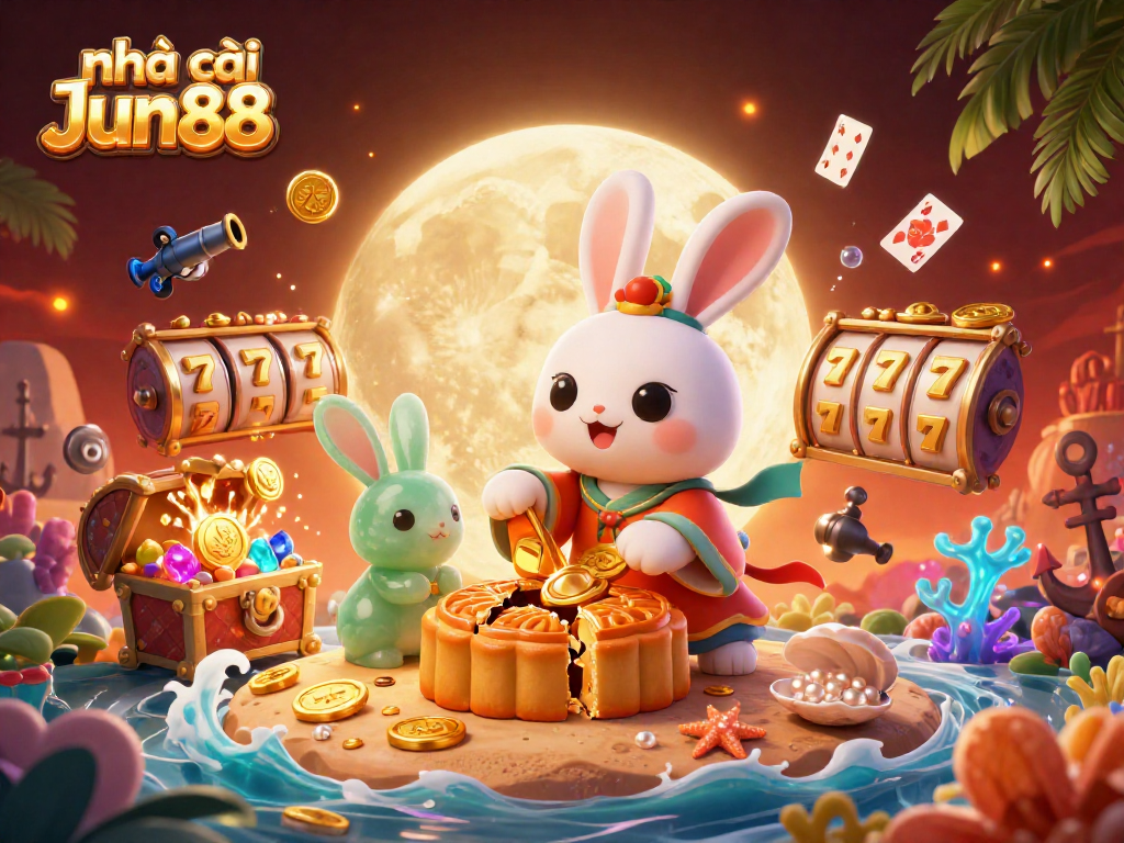 Experience excitement with nhà cái Jun88 as the moon rabbit reveals poker chips from mooncakes in an enchanting 3D scene.