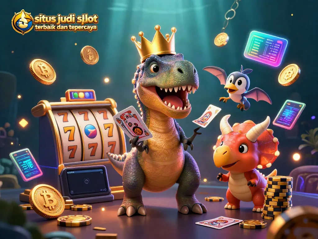 Engaging illustration of friendly dinosaur characters featuring "situs judi slot terbaik dan terpercaya" with slot game elements scattered throughout, promoting a fun gaming atmosphere.
