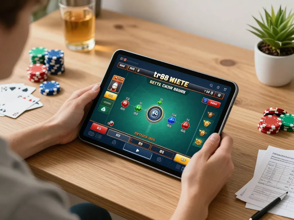 Engaging in a thrilling tr88 game on a tablet in a stylish home setup, capturing the excitement of online gambling.
