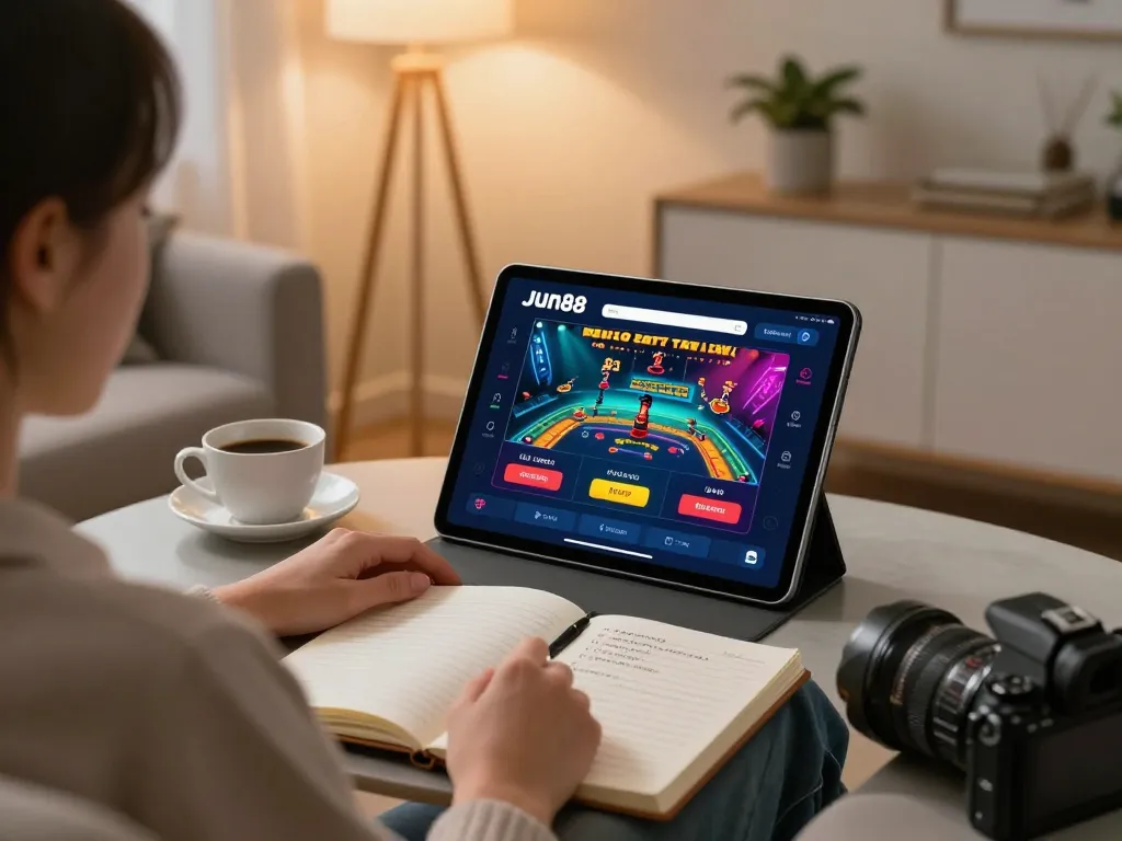 Player enjoying slot games on Jun88 tablet app in a cozy modern setting