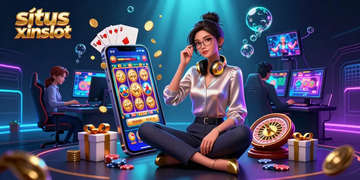 Experience situs xinslot with a dynamic illustration of a gamer amidst casino action, showcasing slot games and vibrant prizes.