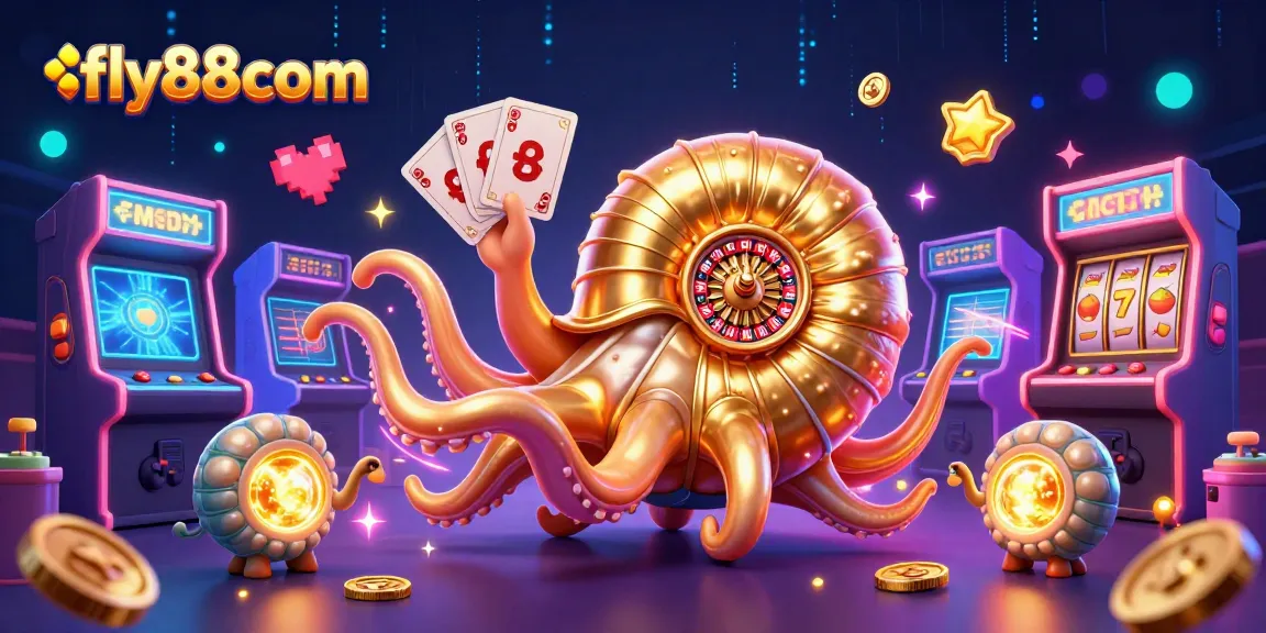 Play exciting games at fly88com with a giant nautilus roulette wheel and glowing arcade elements.
