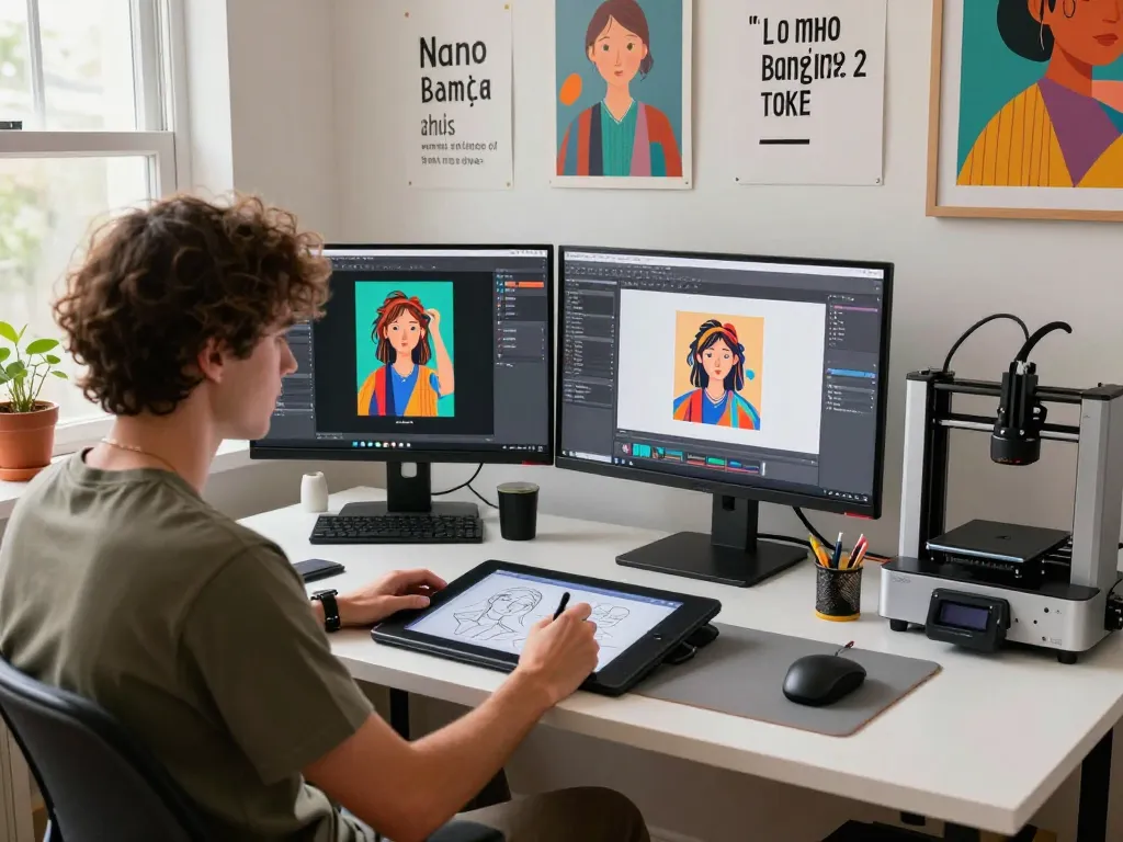 Digital artist utilizing nano banana 2 AI image editor in a vibrant home studio, showcasing creativity and advanced technology.