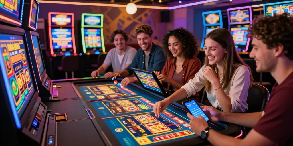 Friends enjoying slot games in a vibrant online casino atmosphere, celebrating wins and analyzing game stats.