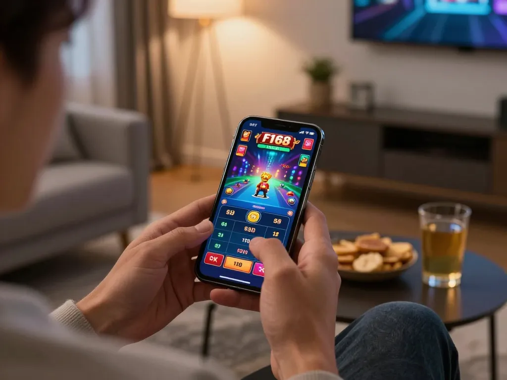 Experience f168 đăng nhập on a smartphone in a cozy home setting, highlighting strategic gaming.