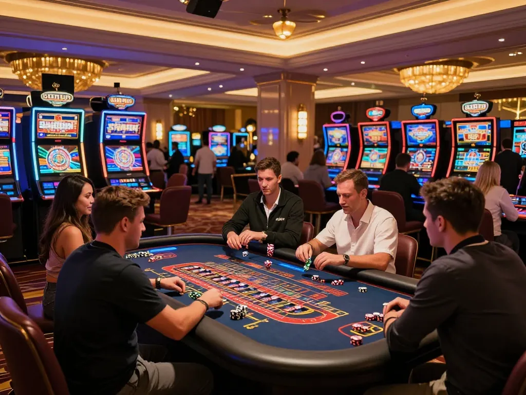 Players engaging with vibrant slot machines and roulette at 98wincom casino, showcasing excitement and luxury.