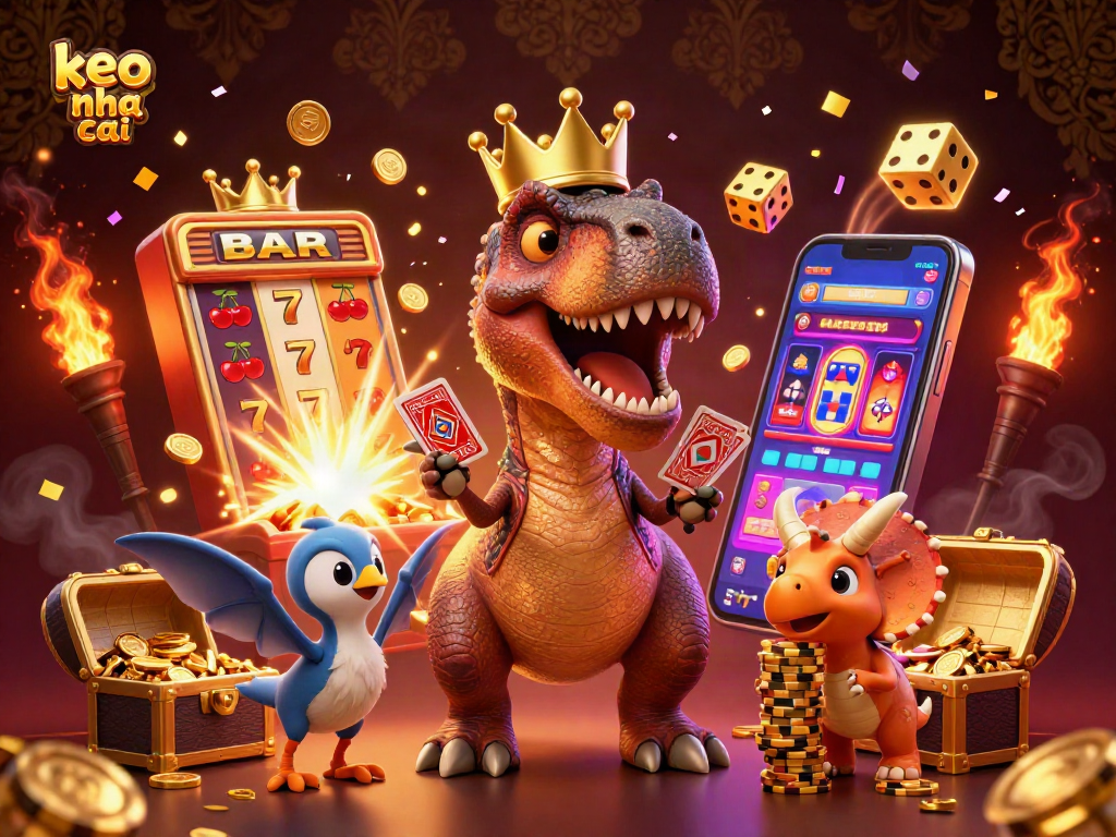 Engage in thrilling casino fun with keo nha cai through a vibrant digital illustration featuring a T-Rex and friends.