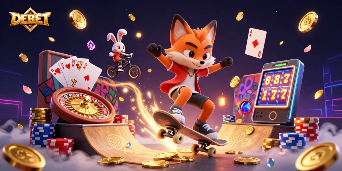 DEBET's thrilling scene with a skateboarder fox and BMX rabbit amidst flying coins and casino symbols.