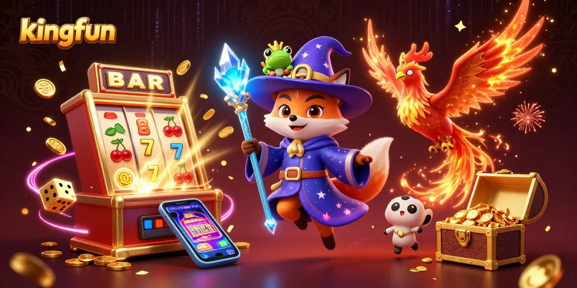 Engage with kingfun's thrilling slots and jackpots in a magical casino scene filled with vibrant details.