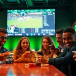 Engaged individuals enjoying Sports Betting in a vibrant sports bar atmosphere.