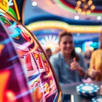 Slot Game menampilkan antarmuka mesin slot yang berwarna-warni dan pemain yang bahagia.
