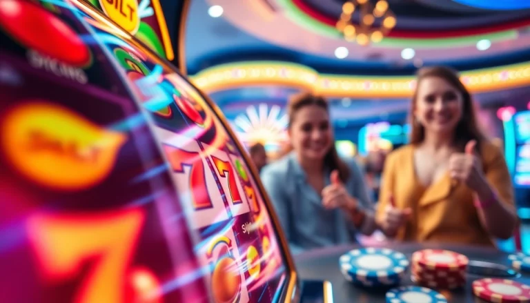 Slot Game menampilkan antarmuka mesin slot yang berwarna-warni dan pemain yang bahagia.