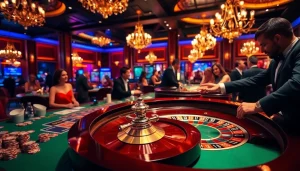 Engage in the thrill of Casino roulette with players placing bets and vibrant chips.